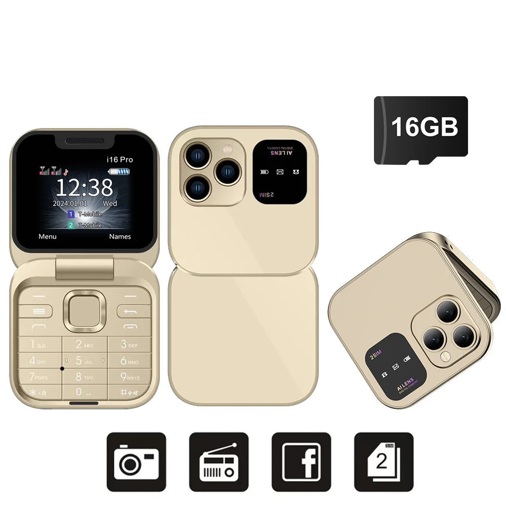 I16Pro Mini Flip Phone - Stylish Foldable Design with Dual SIM, FM Radio, and Speed Dial Features