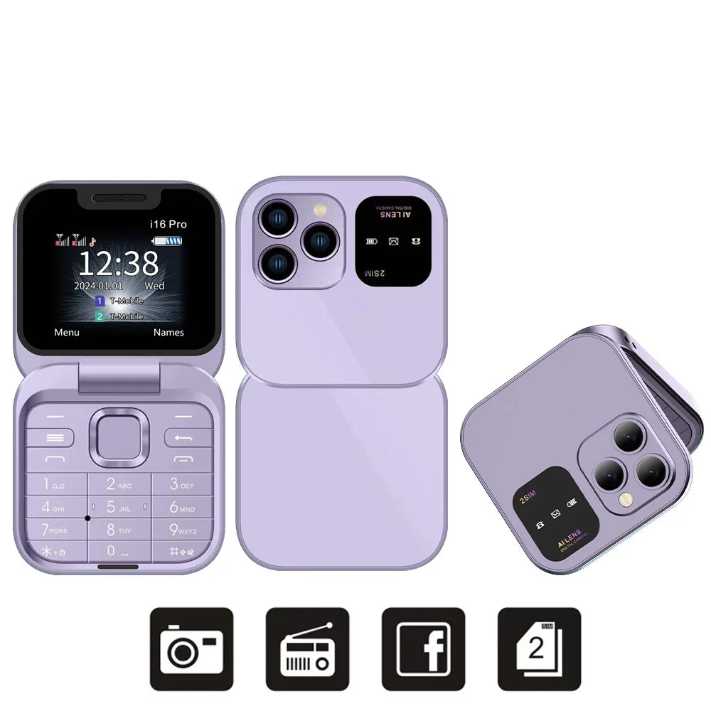 I16Pro Mini Flip Phone - Stylish Foldable Design with Dual SIM, FM Radio, and Speed Dial Features