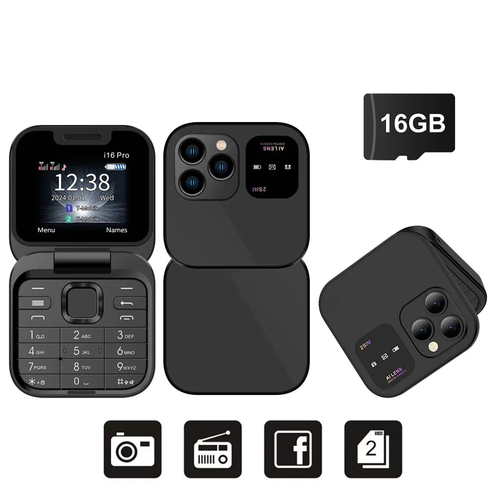 I16Pro Mini Flip Phone - Stylish Foldable Design with Dual SIM, FM Radio, and Speed Dial Features