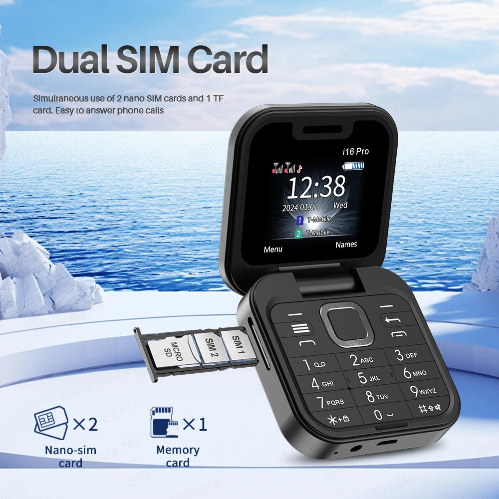 I16Pro Mini Flip Phone - Stylish Foldable Design with Dual SIM, FM Radio, and Speed Dial Features