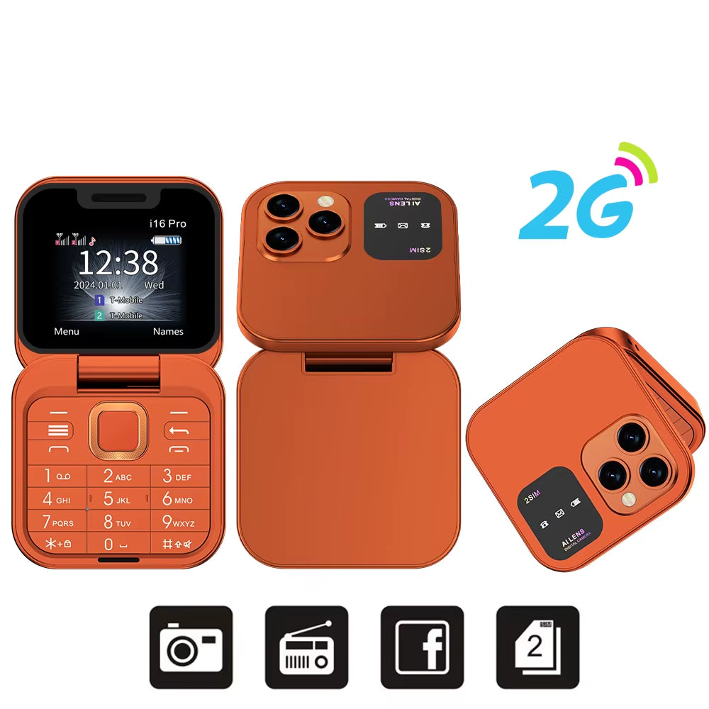I16Pro Mini Flip Phone - Stylish Foldable Design with Dual SIM, FM Radio, and Speed Dial Features