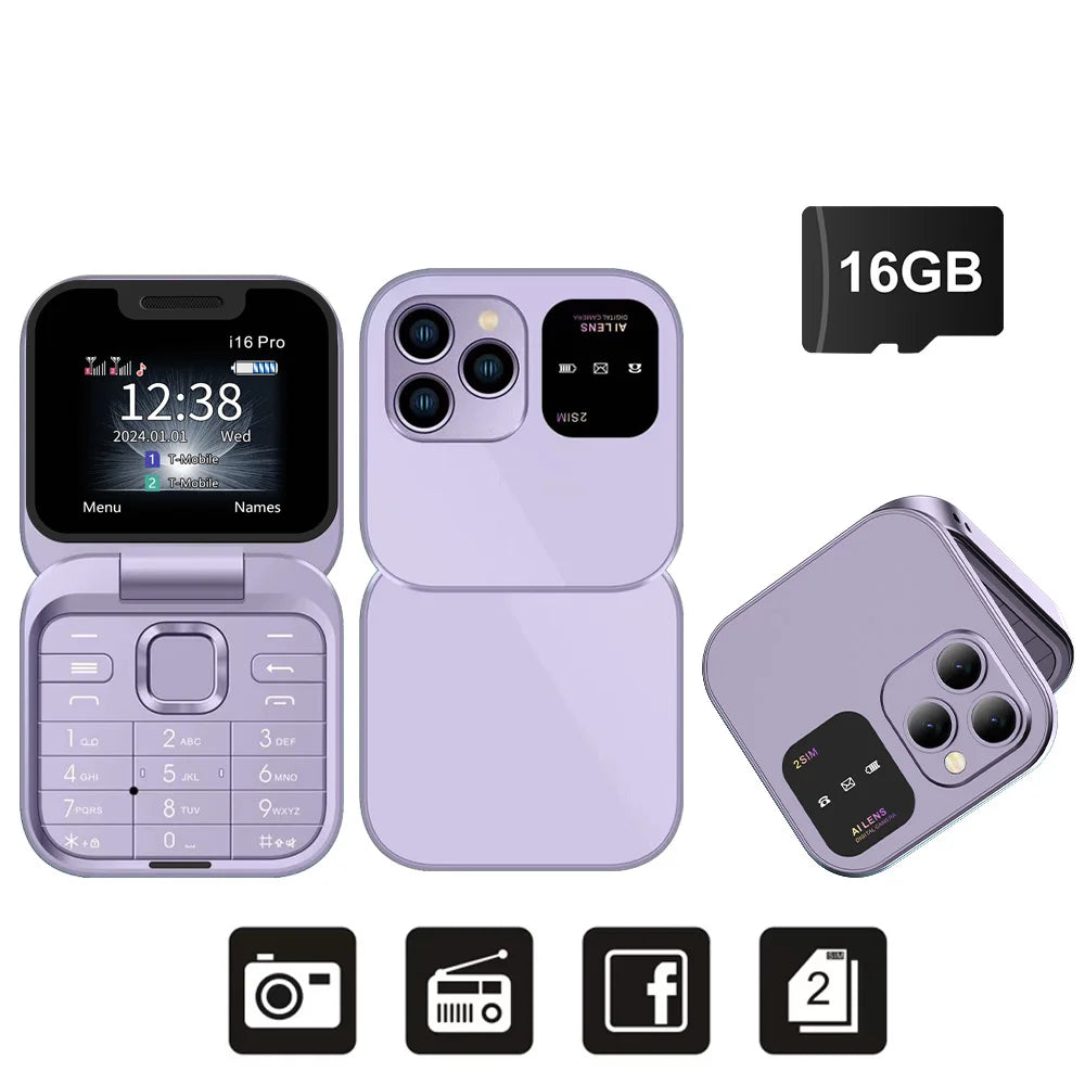 I16Pro Mini Flip Phone - Stylish Foldable Design with Dual SIM, FM Radio, and Speed Dial Features