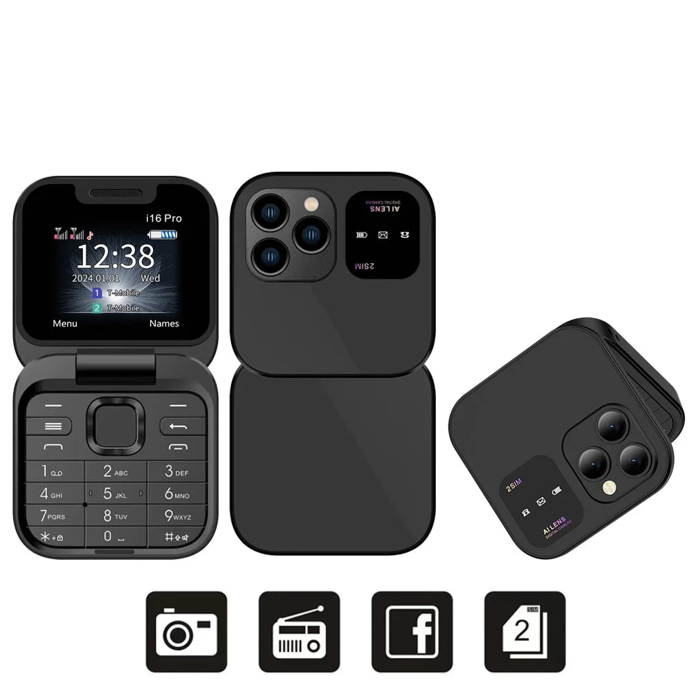 I16Pro Mini Flip Phone - Stylish Foldable Design with Dual SIM, FM Radio, and Speed Dial Features