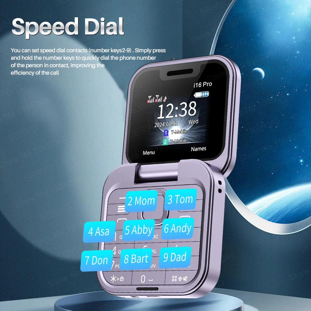 I16Pro Mini Flip Phone - Stylish Foldable Design with Dual SIM, FM Radio, and Speed Dial Features