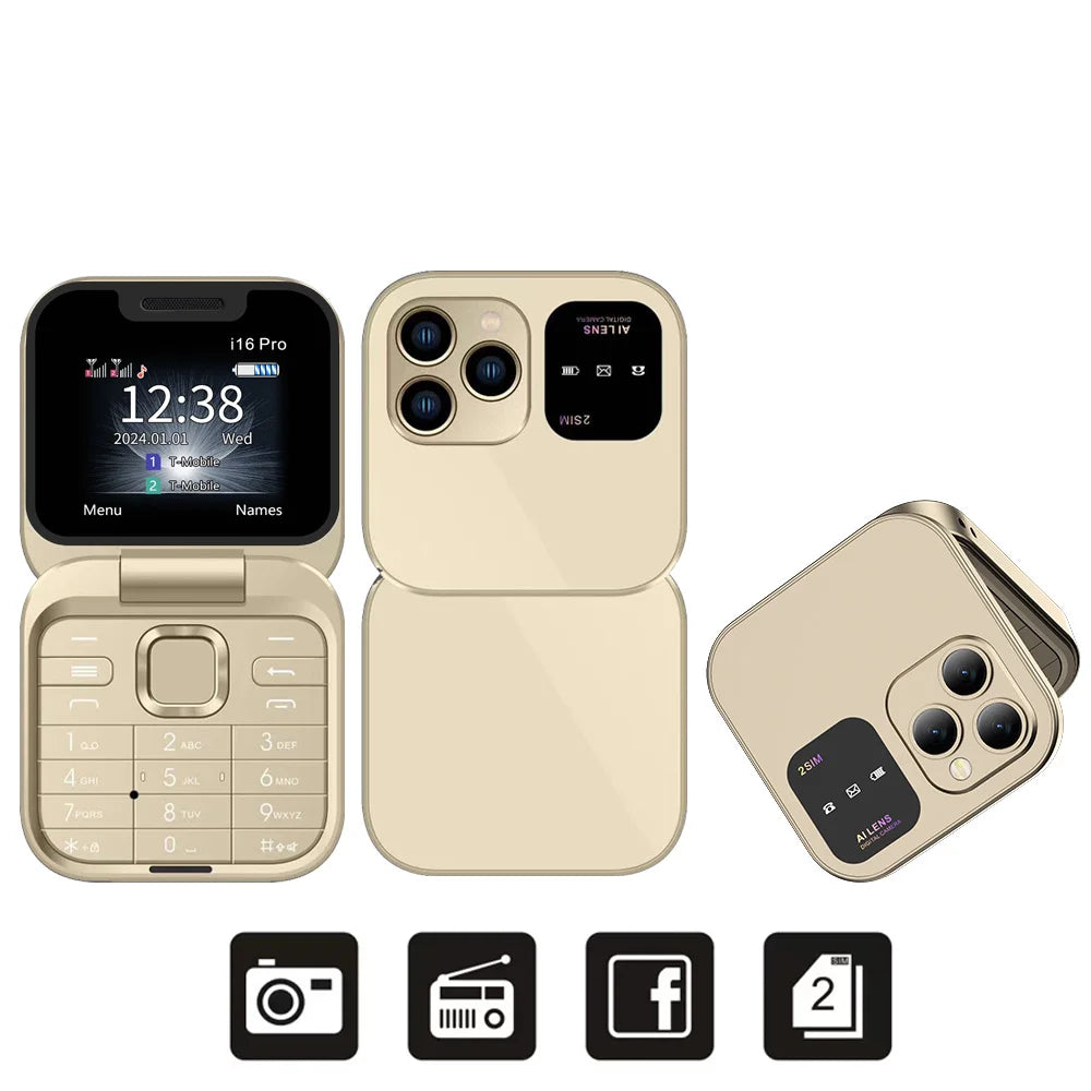 I16Pro Mini Flip Phone - Stylish Foldable Design with Dual SIM, FM Radio, and Speed Dial Features