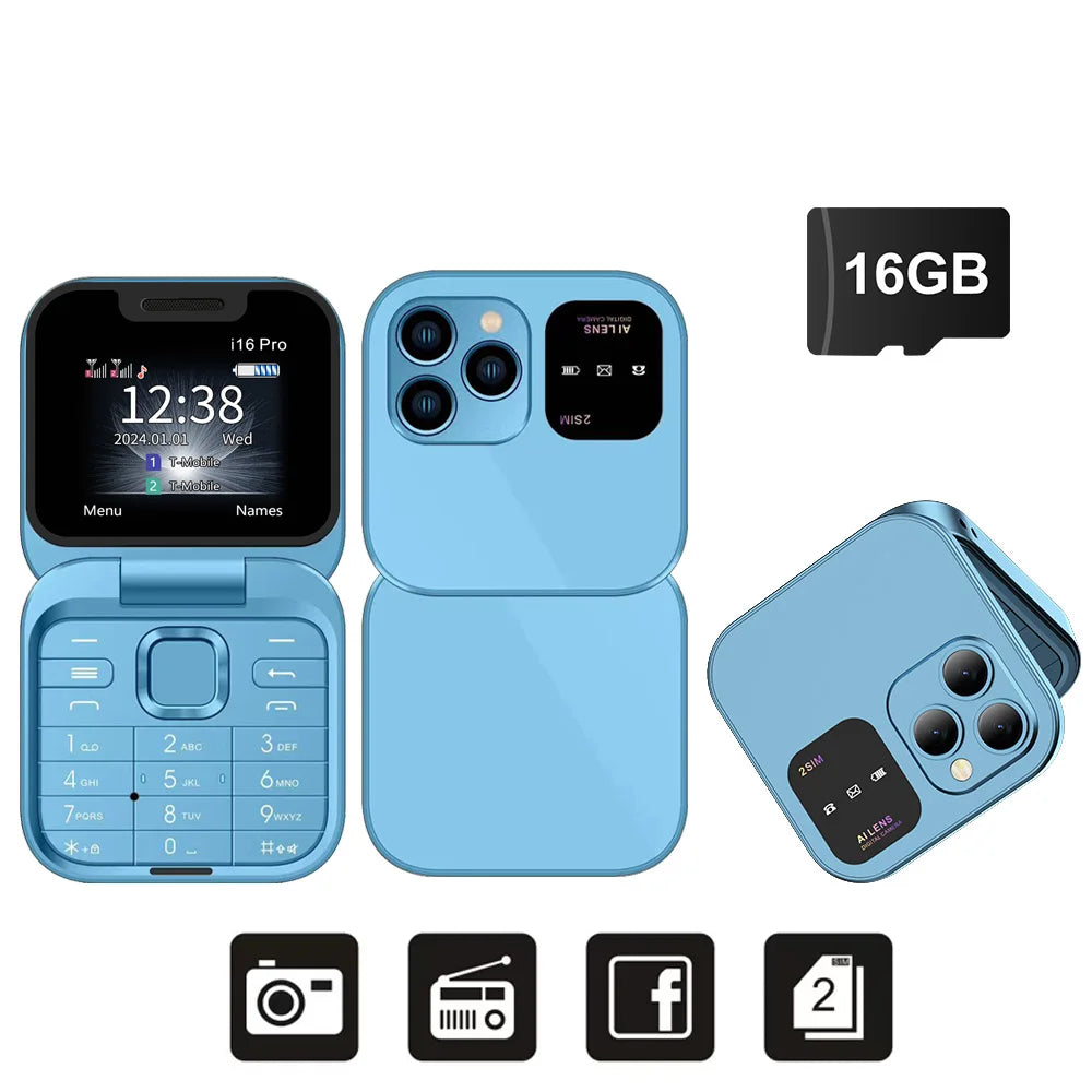 I16Pro Mini Flip Phone - Stylish Foldable Design with Dual SIM, FM Radio, and Speed Dial Features