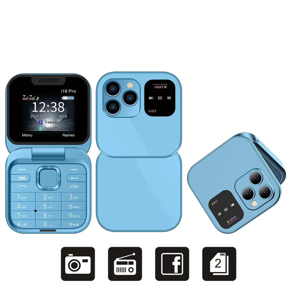 I16Pro Mini Flip Phone - Stylish Foldable Design with Dual SIM, FM Radio, and Speed Dial Features