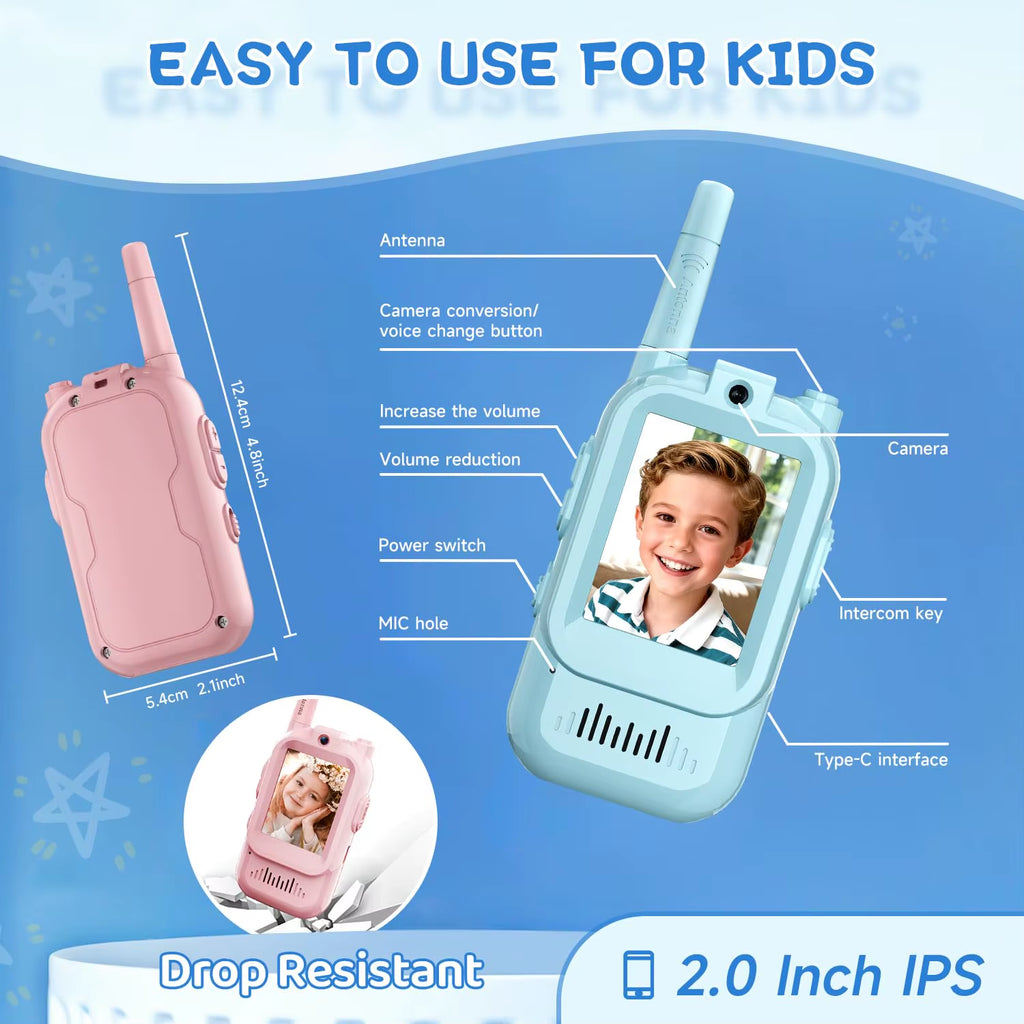 2-Pack Rechargeable Video Walkie Talkies for Kids - Perfect Indoor & Outdoor Fun, Ideal Gifts for Ages 3-12!